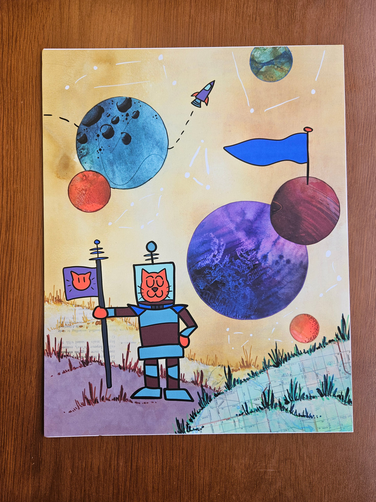 Space Cat with Flag Print 11x14