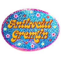 Antisocial Gremlin Retro Oval Holographic Glitter Sticker