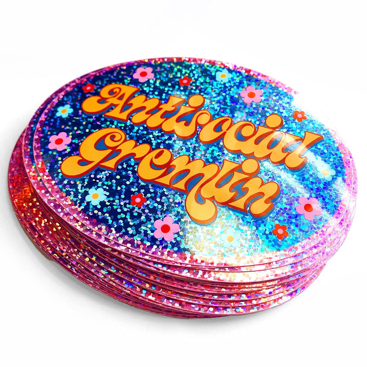 Antisocial Gremlin Retro Oval Holographic Glitter Sticker