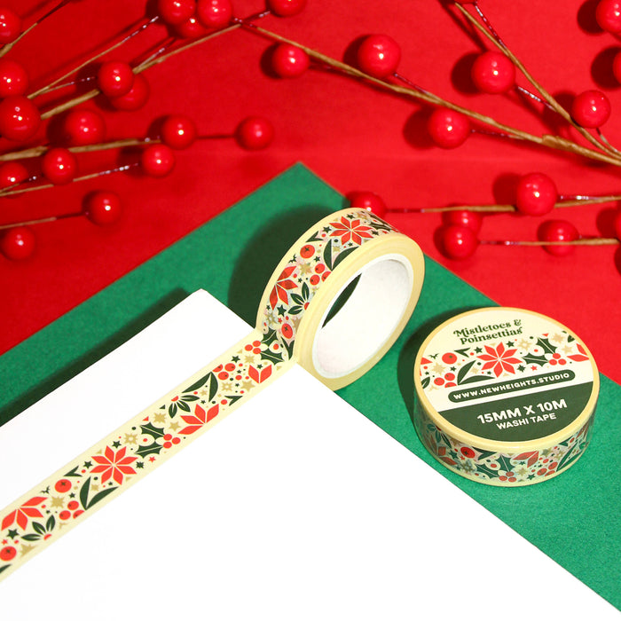 "Mistletoes & Poinsettias" Christmas Washi Tape (15mm/10m)